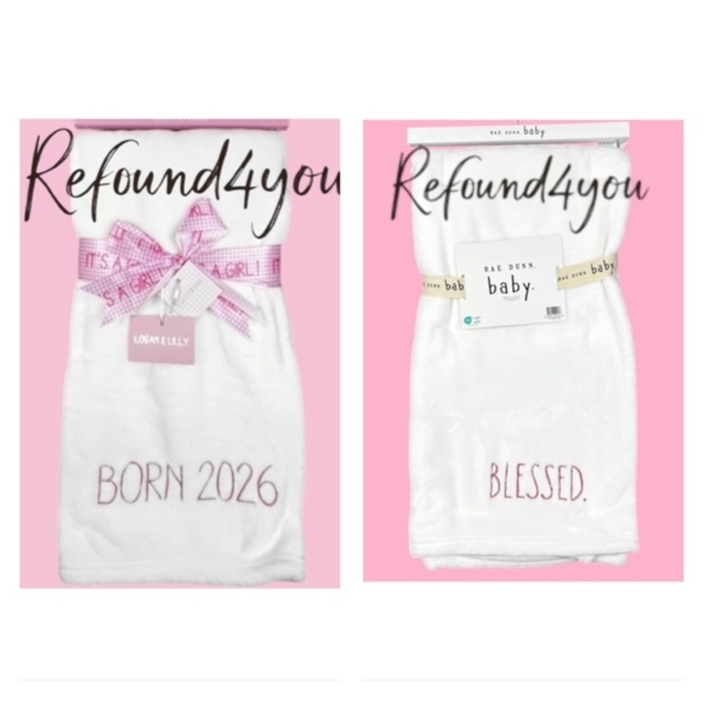 Rae Dunn + - ‘Born 2026 & Blessed - Pink’ Baby Blankets (2) 30” x 40” NWT. Firm!